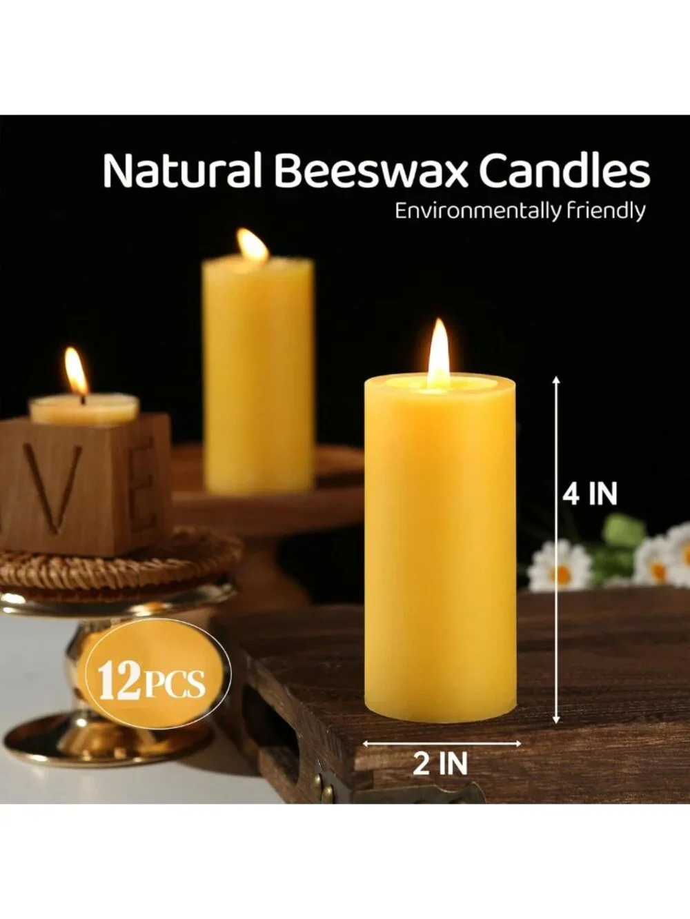 12 Pack Natural Beeswax Pillar Candles - Non-Toxic, 2x4 Inch Eco-Friendly Decor